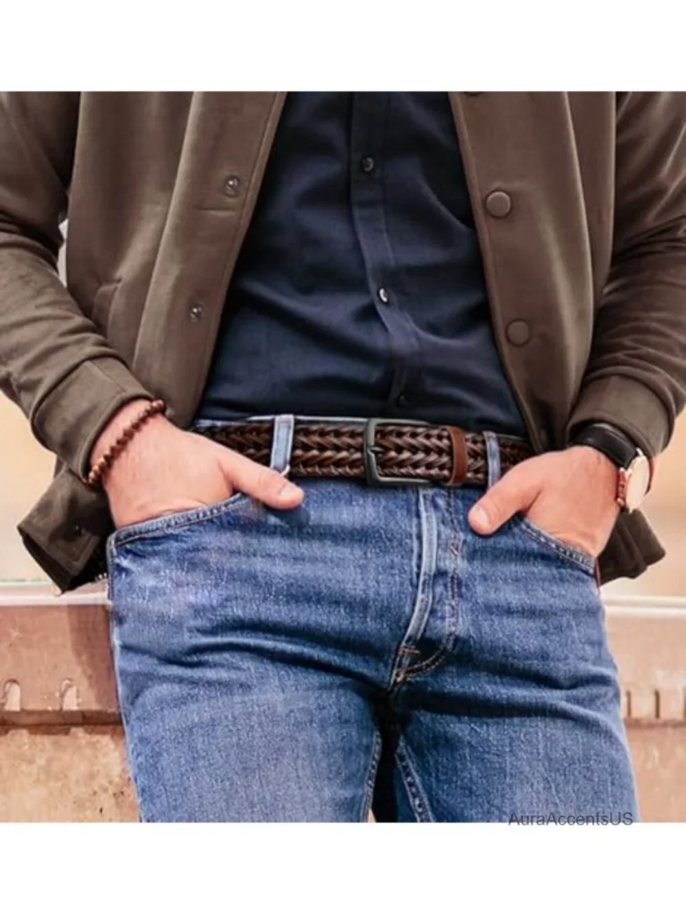 Woven Braided Faux Leather Belt Holeless Adjustable Men's Golf Casual